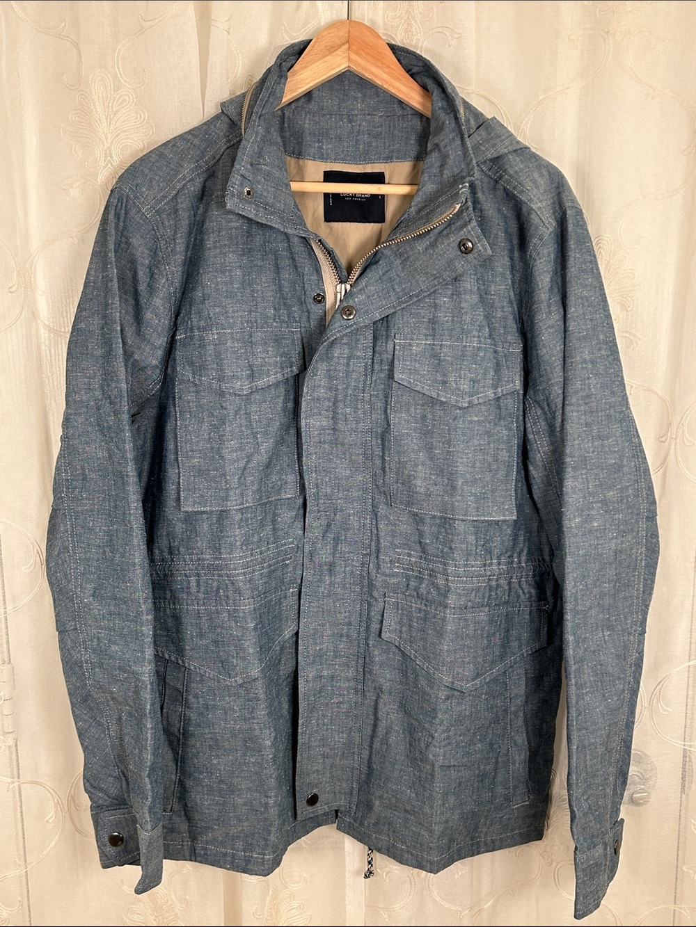 NWT Lucky Brand Men's Blue Chambray Military Field Jacket Hooded Coat Large